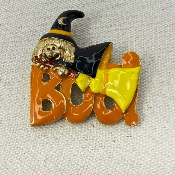 Halloween Boo! Witch Brooch Pin Enamel‎ 1.5" Orange Black - Picture 1 of 7
